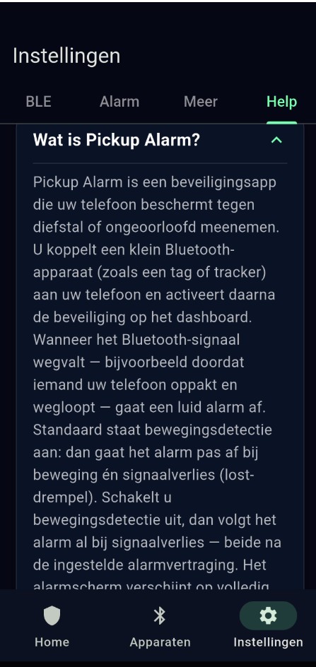 Uitgeklapte FAQ met uitleg over Pickup Alarm