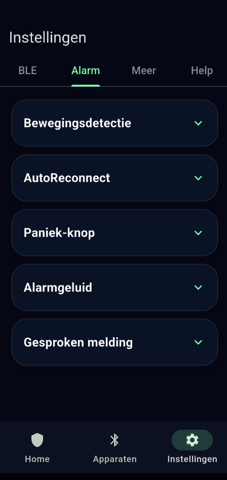 Alarminstellingen met beweging, AutoReconnect, flitser en paniek