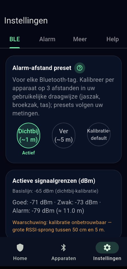 Bluetooth-instellingen met presets en dBm-grenzen